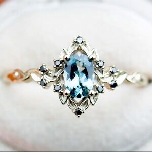Silver Blue Marquise Gemstone Ring Floral Halo Vintage Style Size 6 NWT